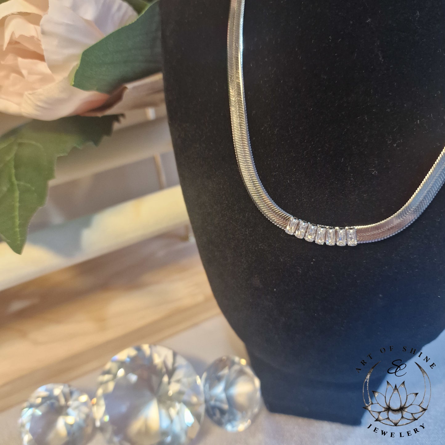 Snake Necklace with Baguette Zircons
