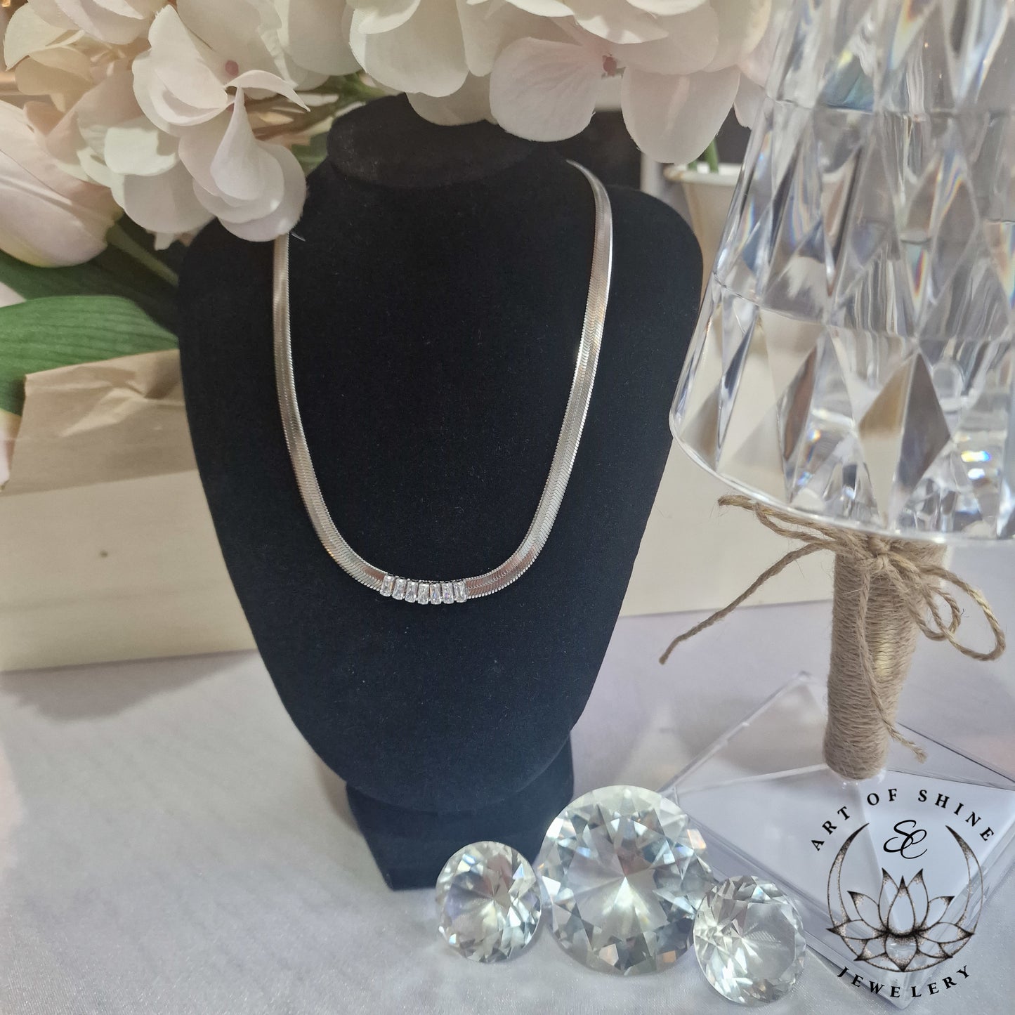 Snake Necklace with Baguette Zircons